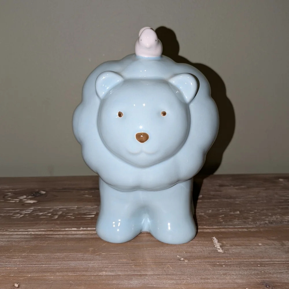 Pottery Barn Kids Baby Blue Ceramic Lion Coin Bank